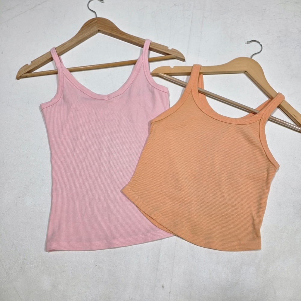 SO Tank Top Set Women S Pink Orange Ribbed Cami Cropped Sleeveless Bundle